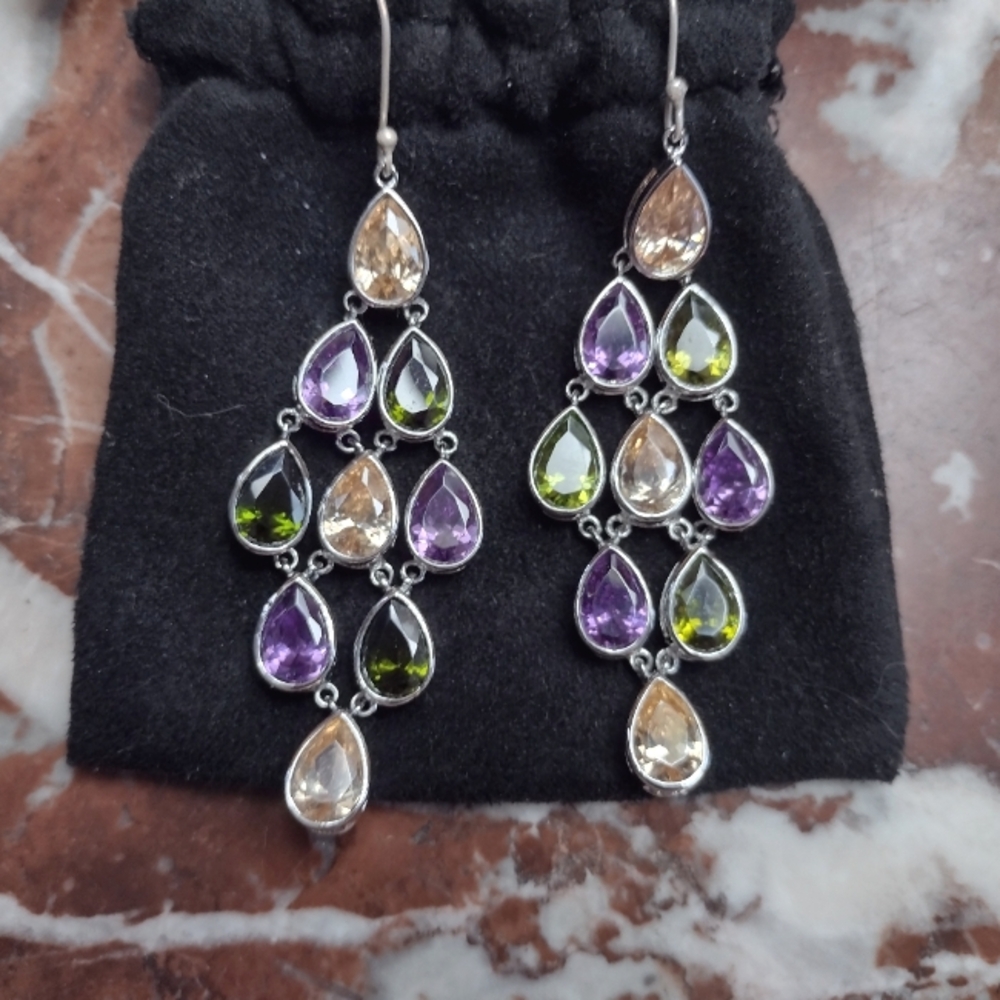 Banana Republic Sterling Citrinr, Peridot, Amethyst Chandelier Earrings
